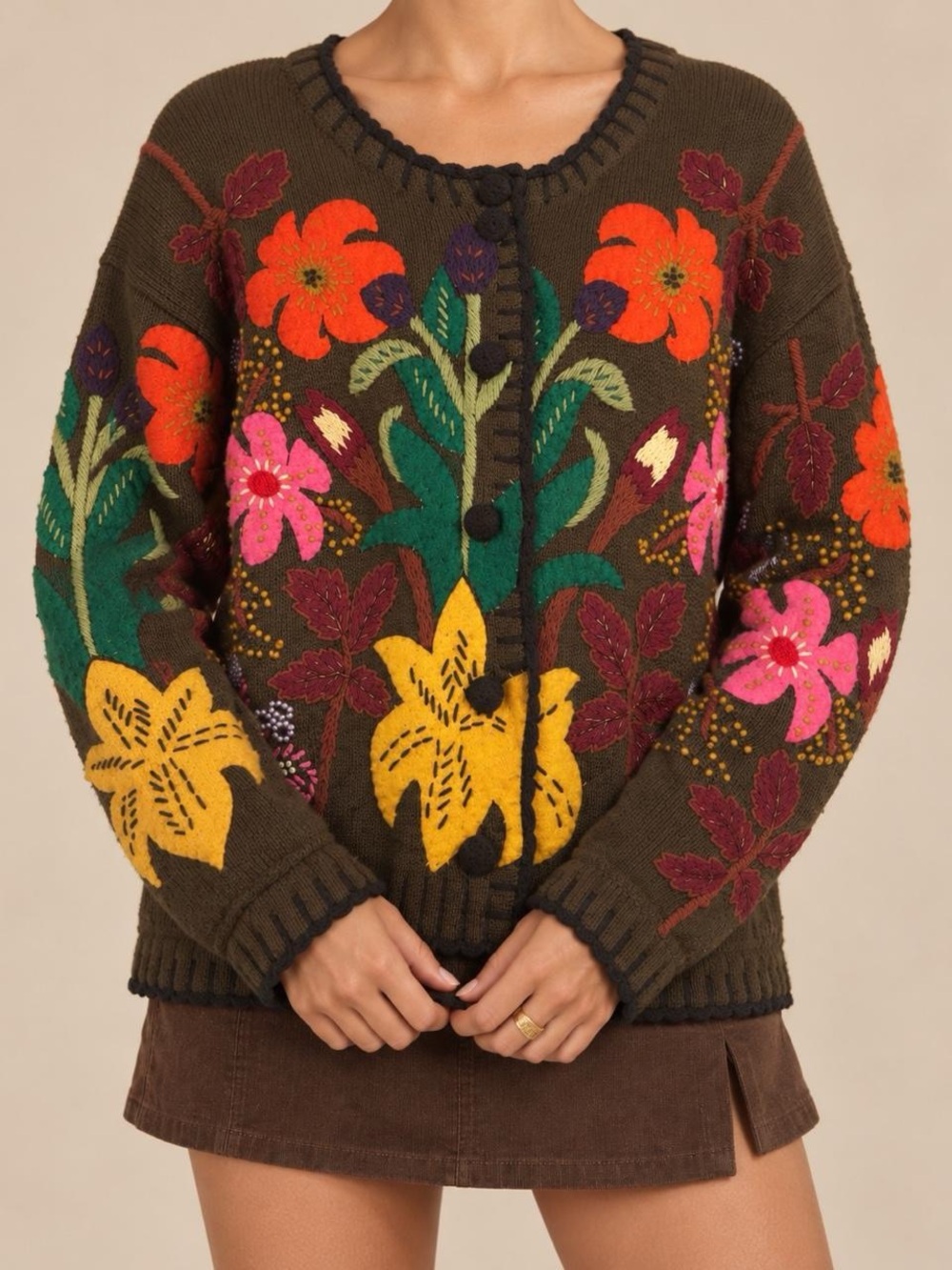 90s vintage Floral Embroidered Button-Front Sweater Cardigan